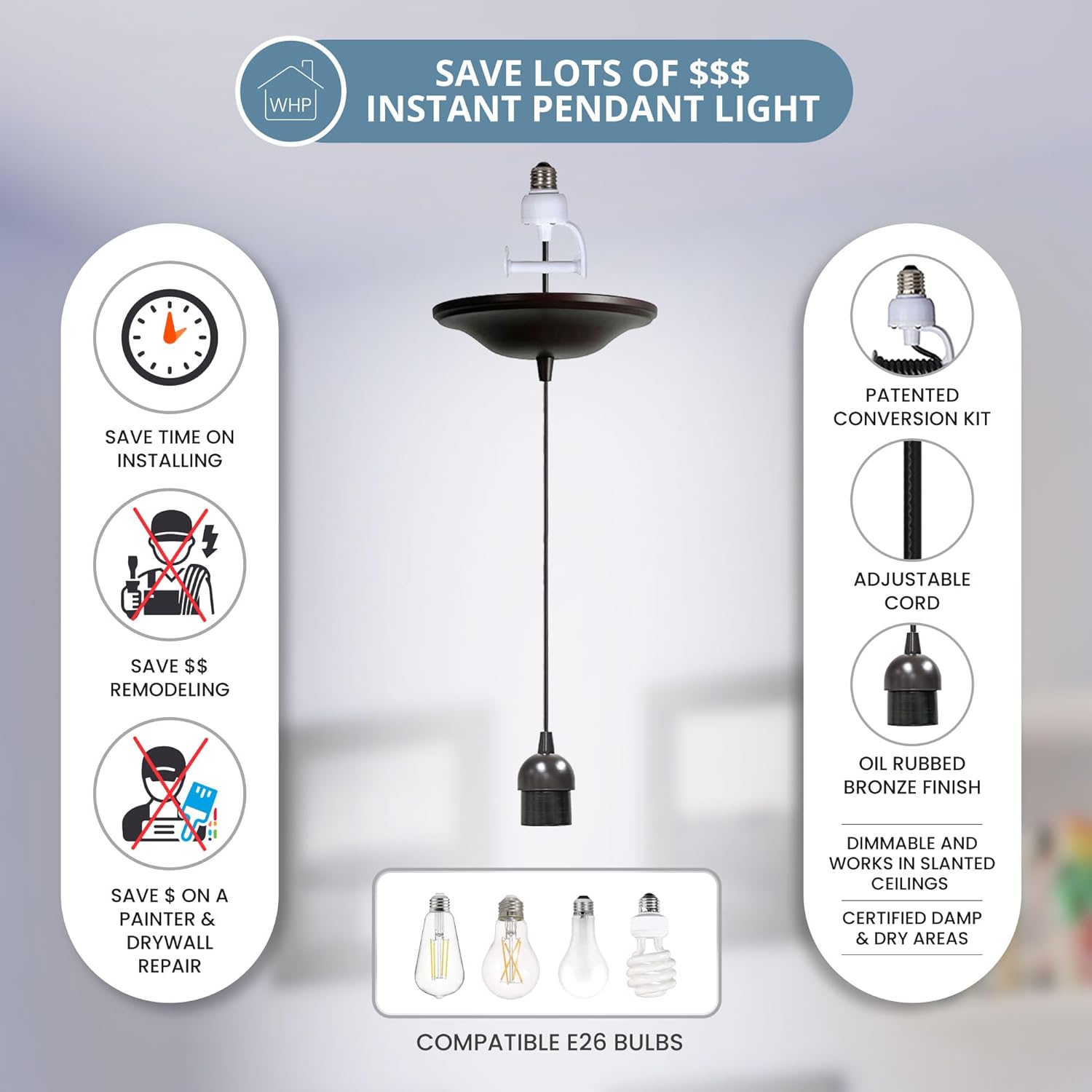 Worth Home Products The Original Instant Pendant Light | 6-Inch Recessed Can Screw-in Pendant Conversion Kit | Oil Rubbed Bronze Pendant (Adapter Only – Bulb Not Included)