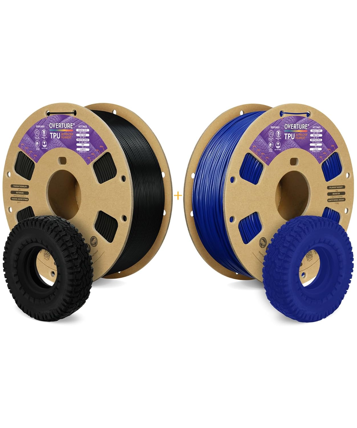 OVERTURE 3D Printer Filament 2kg, TPU, 1kg per Spool, Pack of 2, Black & Blue
