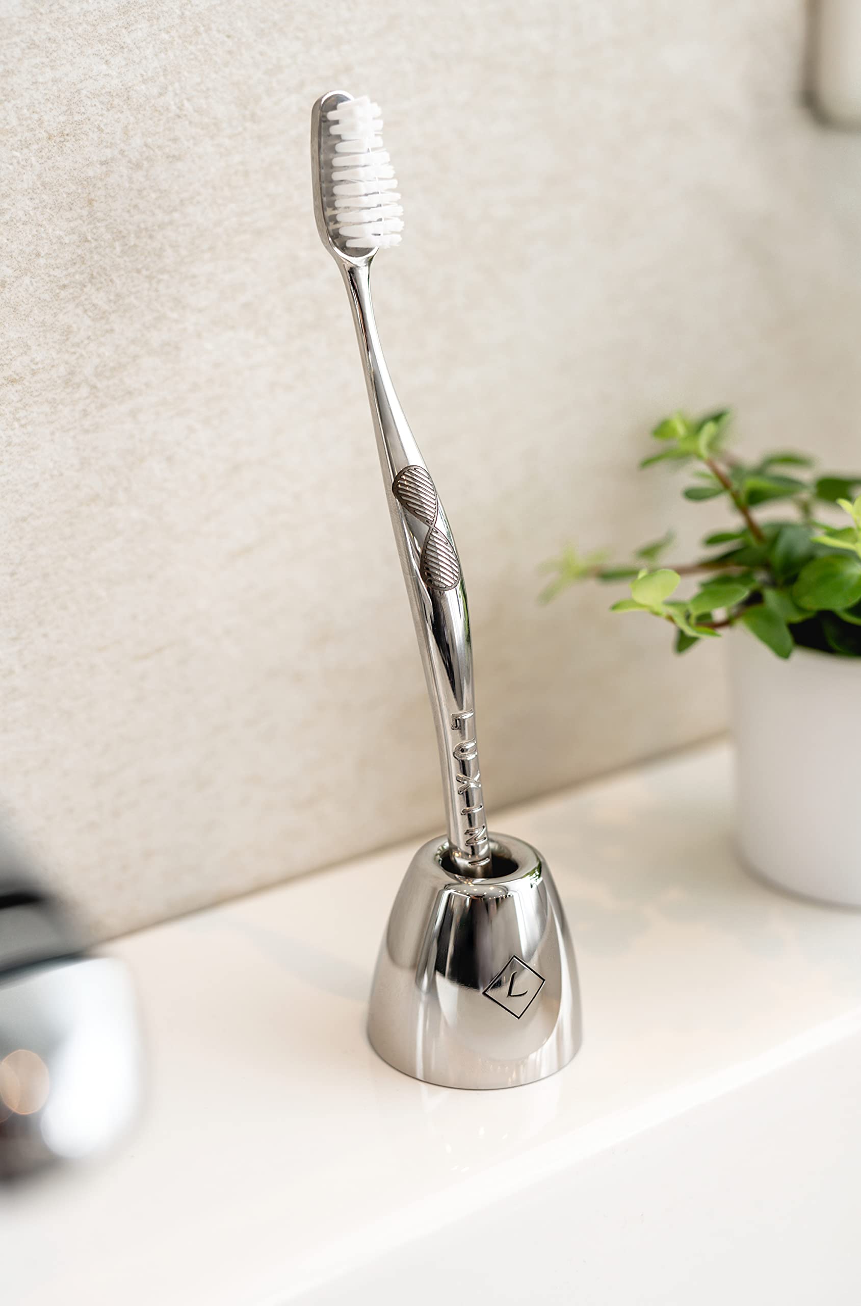 Spazzolino da denti manuale in acciaio inox con testina sostituibile, set iniziale con 1 testina di setola media lucida con incisione antiscivolo