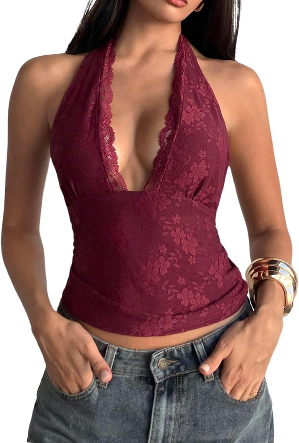 Milumia Women's Floral Lace Deep V Neck Halter Top Sexy Tie Backless Going Out Tank Tops