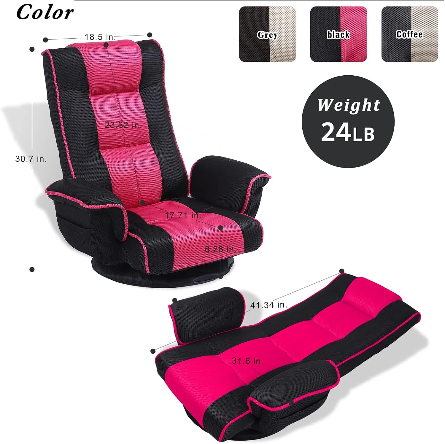 FLOGUOR 360 Swivel Gaming Floor Chair with Armrest Multi-Angle Folding Floor Chair Padded Backrest Lazy Sofa Lounge Chair for Living Room, Home Office QL201W-US-BK