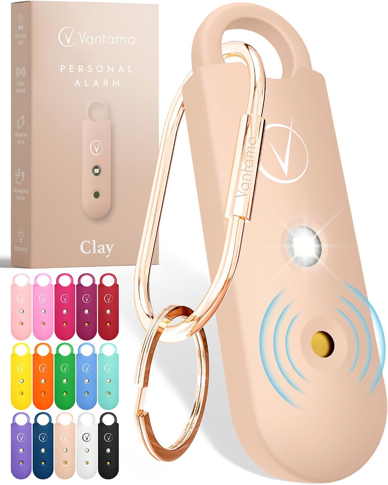 Vantamo Personal Alarms for Women with Strobe LED Light, Extra Loud 130dB Self Defense Keychain with 2 Dynamics, Unique Panic Alarm with Keychain & Keyring for Bag or Backpack and Low Battery Notice