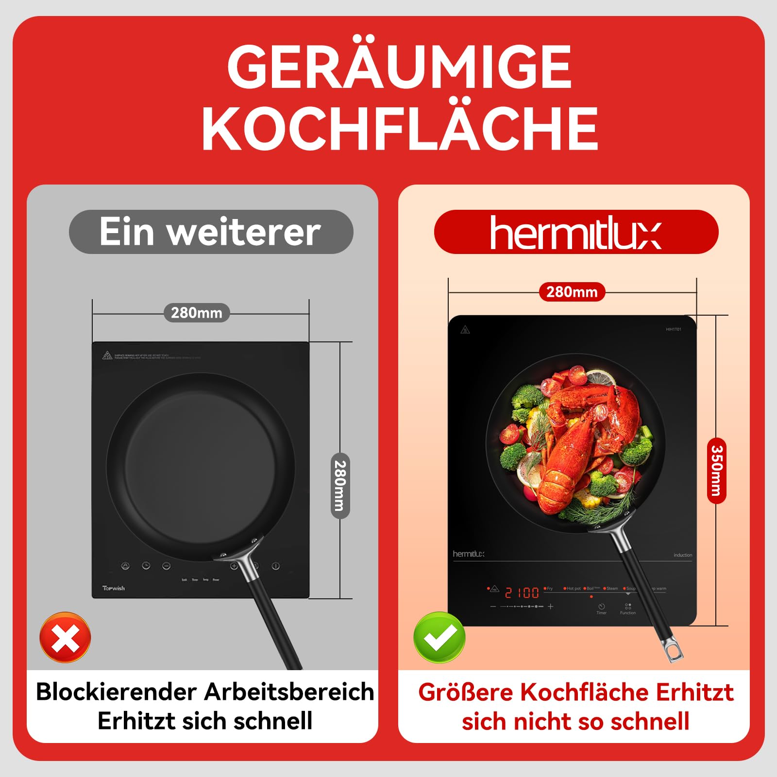 Hermitlux Induktionskochfeld 1 Platte 2100W 28cm mit Timer Touch-Steuerung 9 Leistungsstufen Kindersicherung Glaskeramik