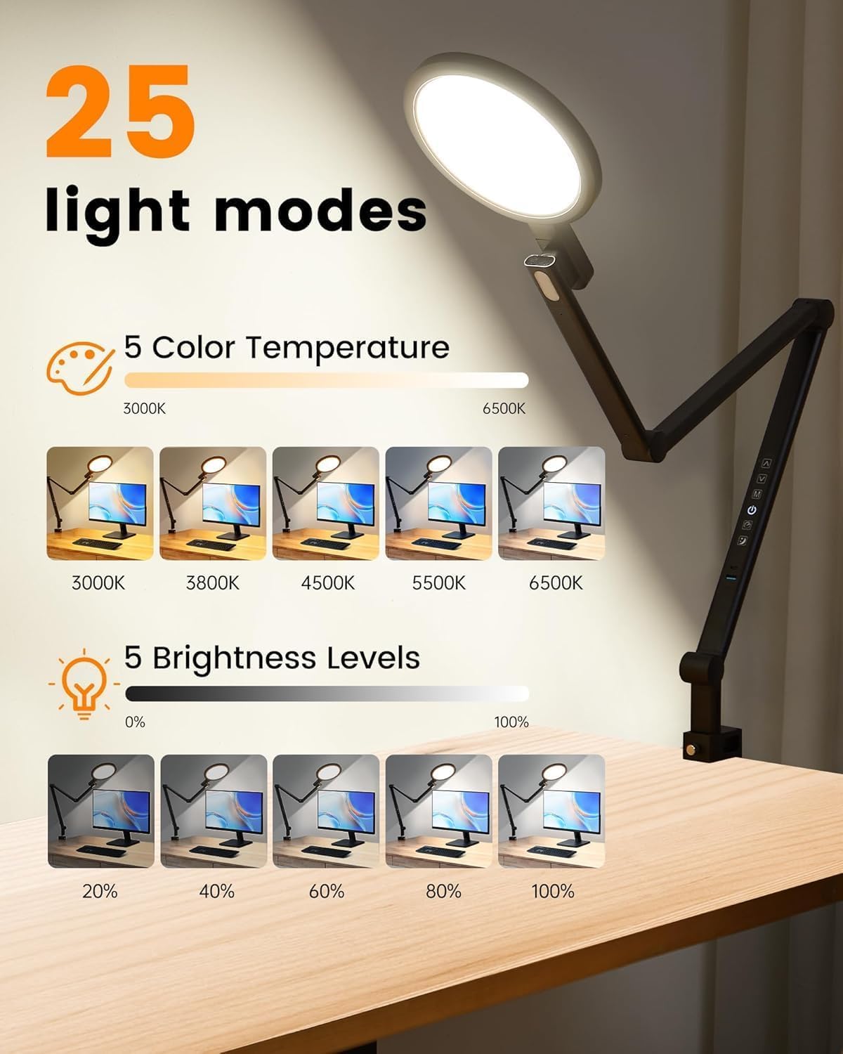 Clamp Desk Light,Eye-Care Office Desk Lamp with USB Charging Ports, 1200LM 5 Color Temp Dimmable Swing Arm Desk Light for Home Office, Computer Monitor, Video Conference & Zoom Meetings