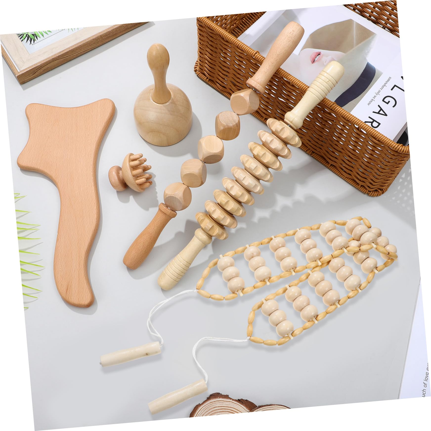 Ensemble D'outils de Massage en Bois pour Relaxation Musculaire 6 Pièces Accessoires Adaptés Massage du Dos Jambes