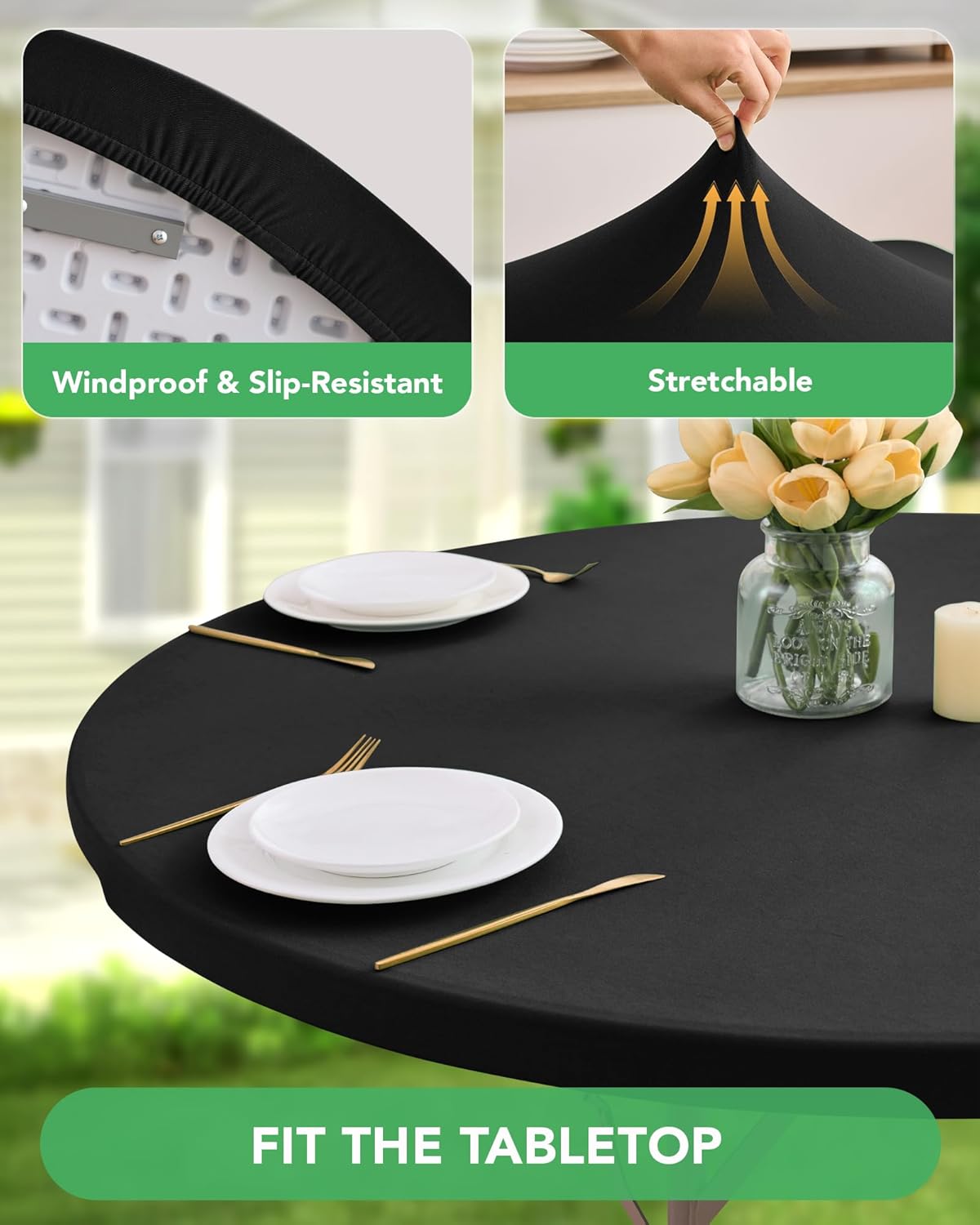KeyWave Round Fitted Table Covers - 40-44 Inch Spandex Waterproof Tablecloth with Elastic, 2 Pack Circle Table Cloths for Kitchen Dining Room, Black - Image 2