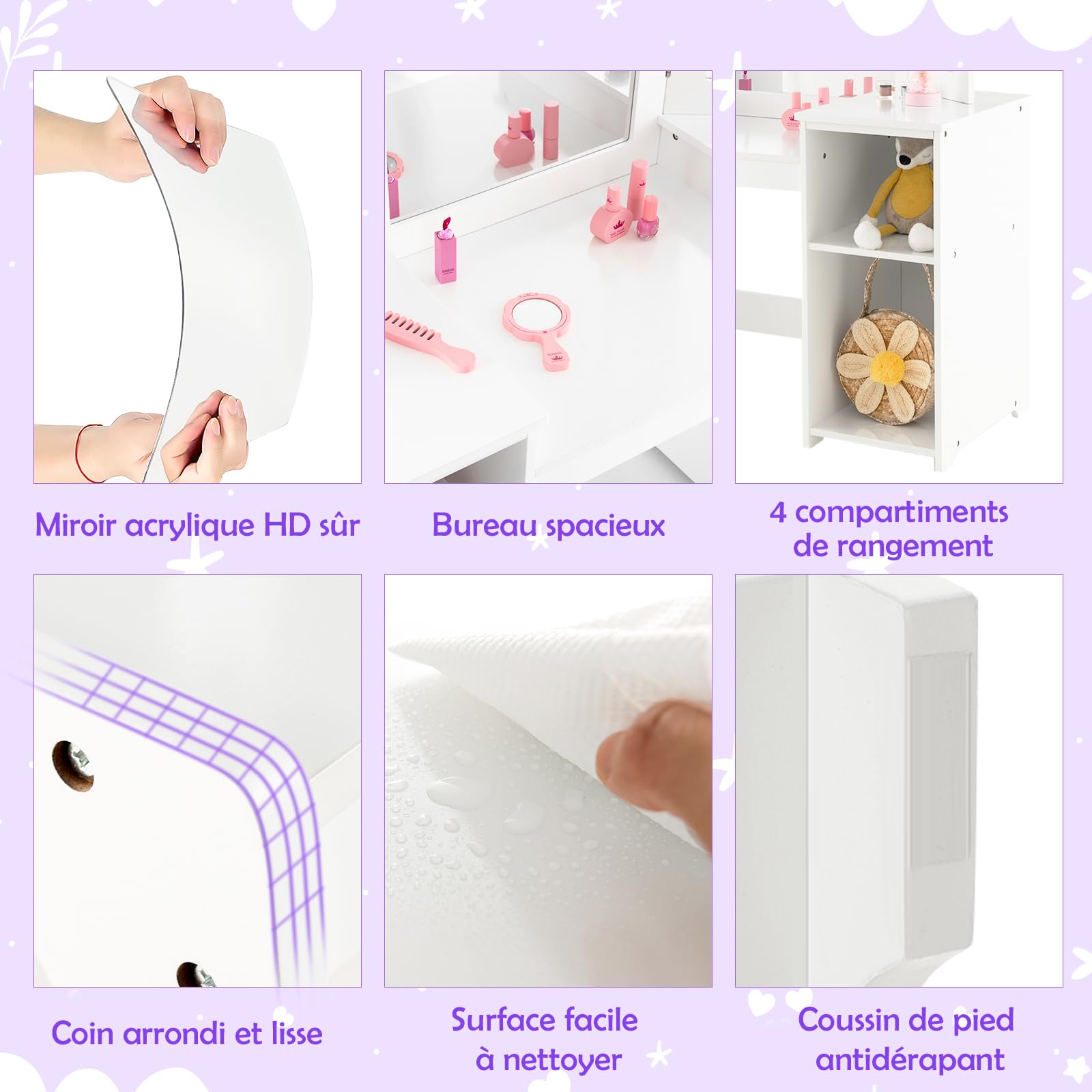 DREAMADE 2 en 1 Coiffeuse Enfants Fille avec Tabouret,Table de Maquillage Princesse avec Miroir Triptyque Amovible,4 Étagères Ouvertes (Blanc+Tabouret)