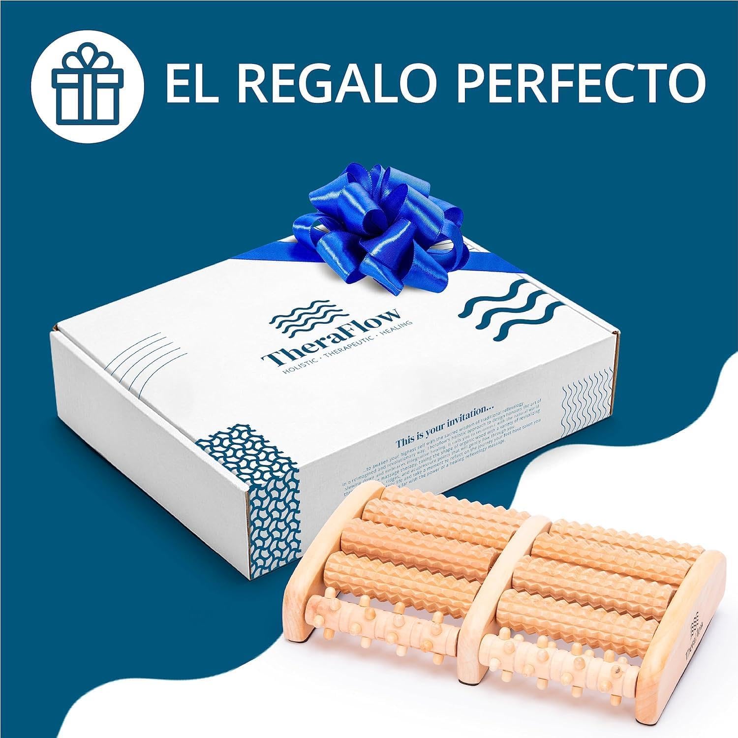 TheraFlow Masajeador de pies doble talla L – Acupresión Shiatsu Original – Alivio Fasciitis plantar – Esquema reflexología plantar/manual de instrucciones – Madera
