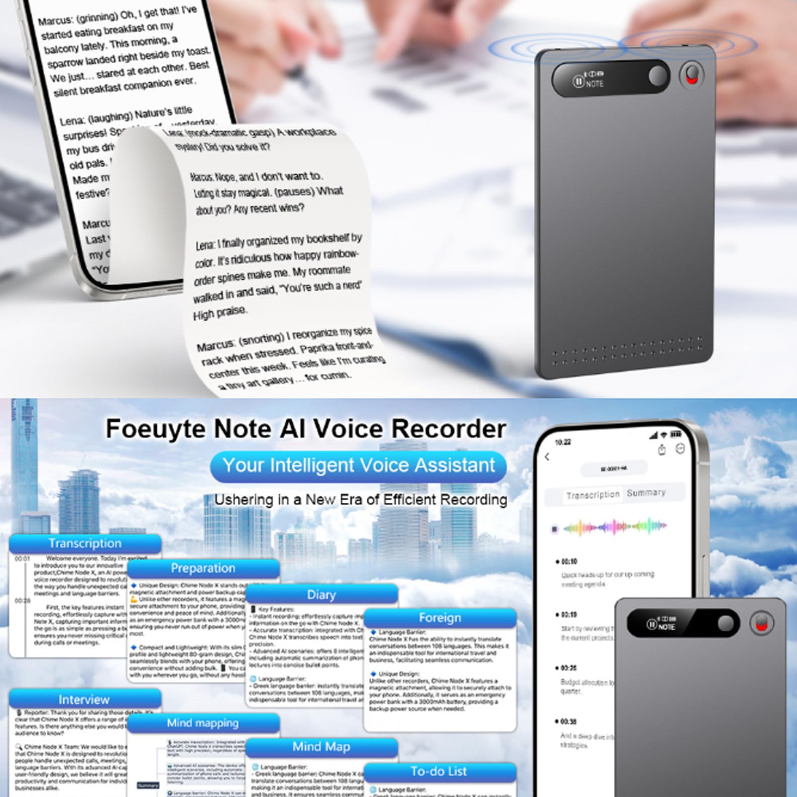Asixxsix Registratore Vocale AI, Nota Registratore Vocale con Trascrizione Avanzata, Supporto GPT-4O, Memoria da 64 GB, Registratore Audio Portatile per Riunioni, Lezioni, Chiamate