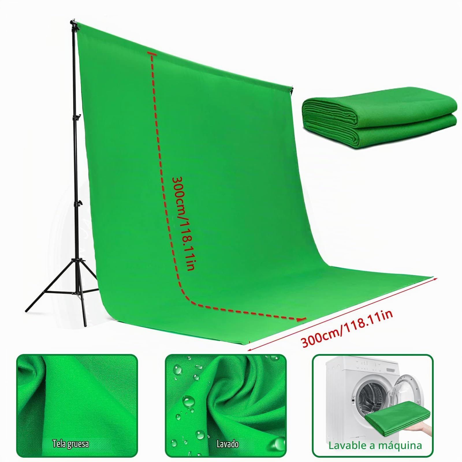Green Screen con Soporte, Pantalla Verde (3 x 3 m) con Soporte de Fondo Ajustable (2,6 x 3 m) y 4 Abrazaderas de Fondo para Toma de Fotos Transmisión de Video de Juegos