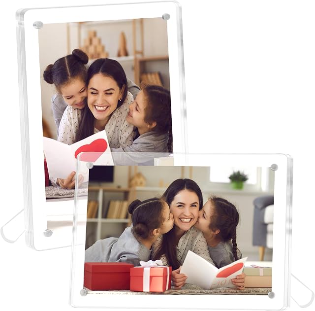 FIXSMITH 4x6 Acrylic Picture Frames 2 Pack, Clear Picture Frame with Stand, Magnetic Acrylic Photo Frames for Tabletop Display Horizontally or Vertically, Floating Frame for Home Office