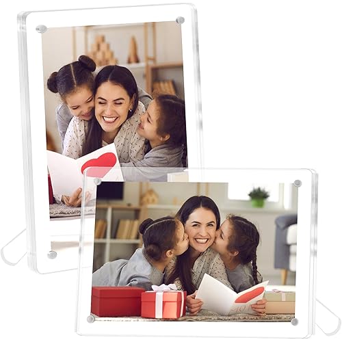 FIXSMITH 4x6 Acrylic Picture Frames 2 Pack, Clear Picture Frame with Stand, Magnetic Acrylic Photo Frames for Tabletop Display Horizontally or Vertically, Acrylic Floating Frame for Home Office