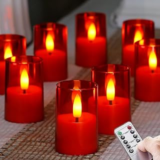 Flameless Small Tea Light LED Candles, Acrylic Battery Operated Votive 1.7" x2.5" with Remote Control and Timer, Tealight Red Flickering Warm Light Pack of 8 Electric Long Lasting