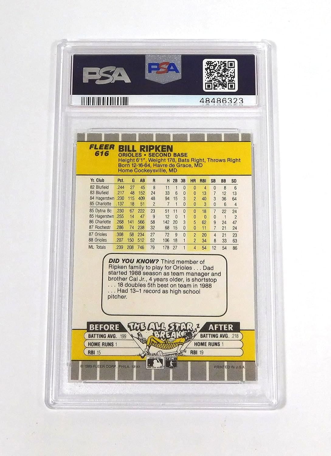 1989 Fleer Bill Ripken #616A Expletive on Handle Orioles PSA 9 Baseball Graded Card