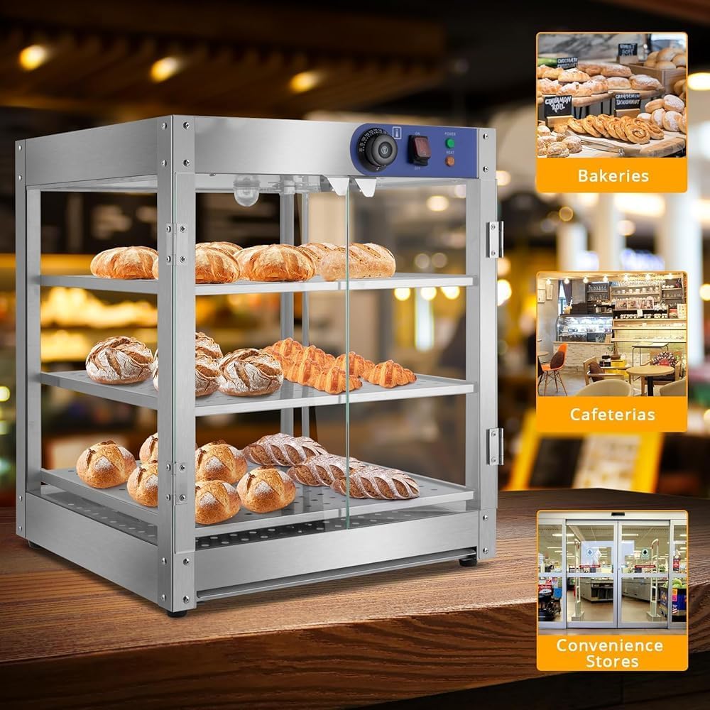 Vetrina riscaldante commerciale in acciaio inox per torte, espositore da banco a 3 livelli con illuminazione a LED, ripiani rimovibili, temperatura regolabile, ideale per buffet e ristoranti.