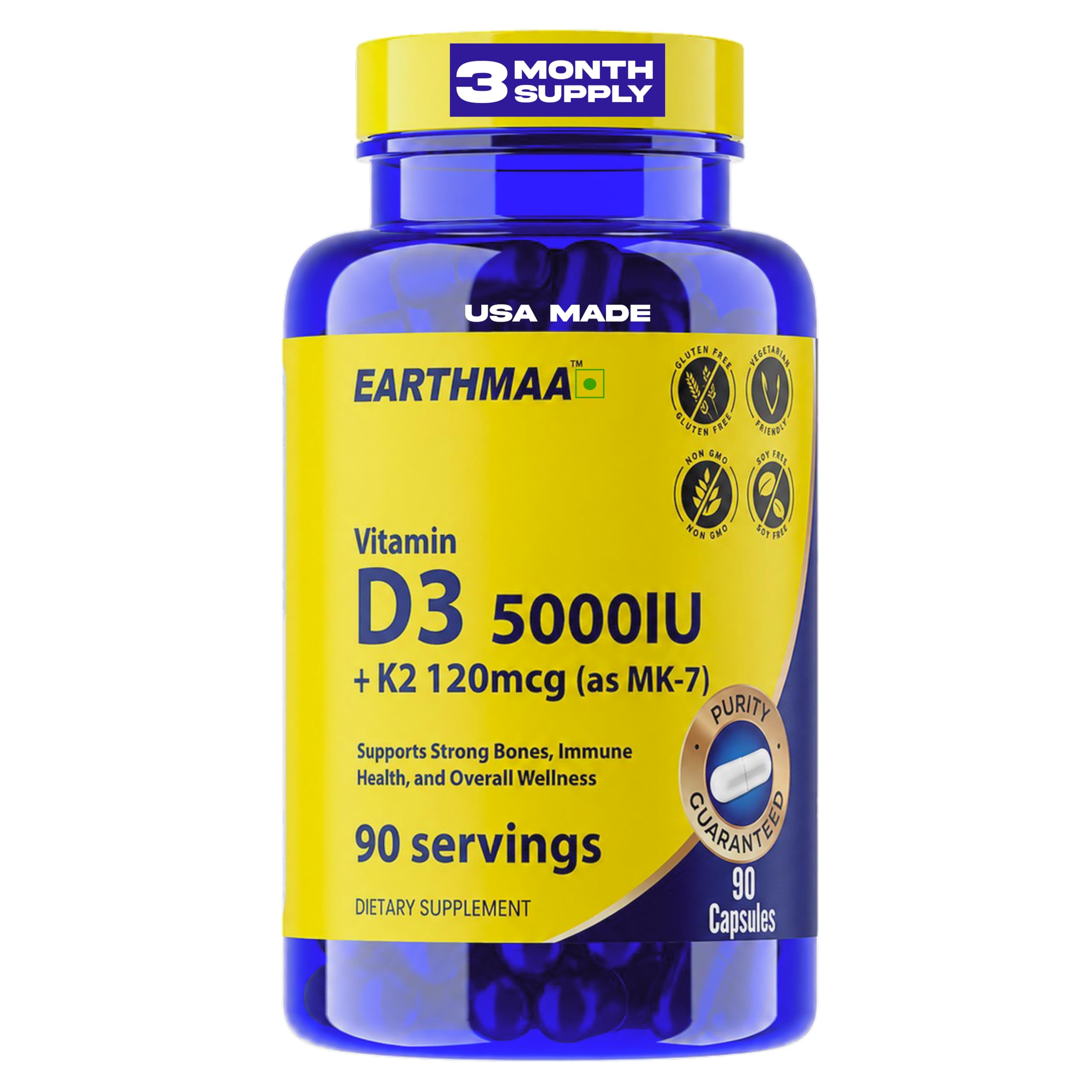 Vitamin D3 5000 IU + K2 MK-7 120mcg - 90 Capsules | Bone Strength, Immune Support & Calcium Absorption | Non-GMO, USA Made in cGMP Facility - 3 Month Supply