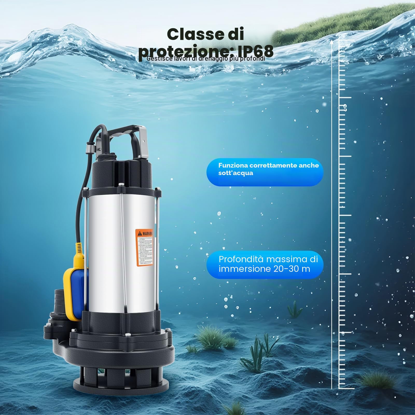 Pompa a Immersione 1.5KW 2HP Pompa Sommersa Acque Sporche in Acciaio Inox IP68 2850r/min Testa 22m, Pompa Acqua per Scaricare l'Acqua dalla Piscina Stagno da Giardino Seminterrato