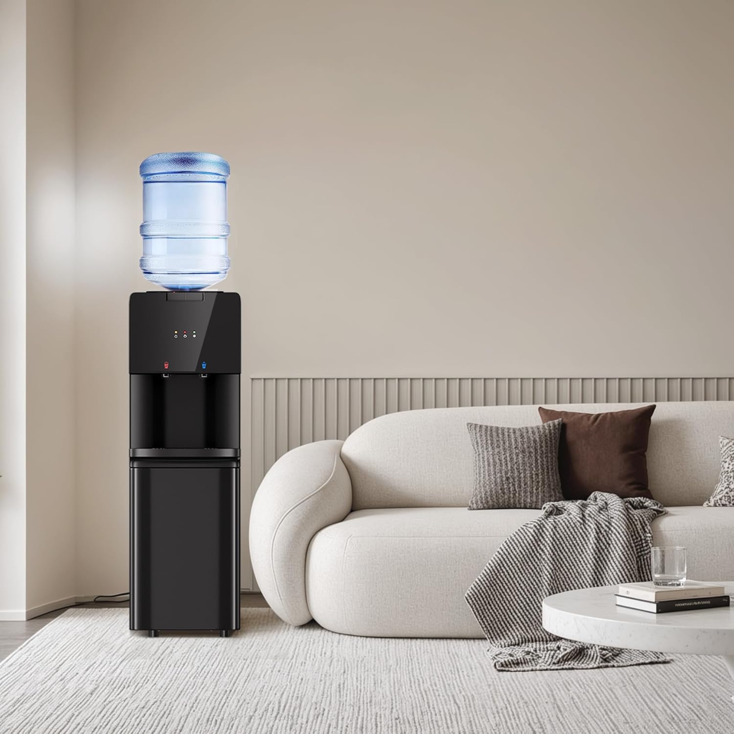 Manastin Water Dispenser with Hot & Cold Water, Top Loading Water Cooler for 3 or 5 Gallon Bottles with Child Safety Lock, Ideal for Kitchens, Offices,Veneer Black