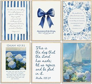6Pcs Blue Coastal Christian Canvas Wall Art Bible Verse Psalms Paintings Pictures Wall Decor Blue Hydrangea Bow Posters Prints Artwork for Lake House Living Room Home Decoration 8×10in Unframed