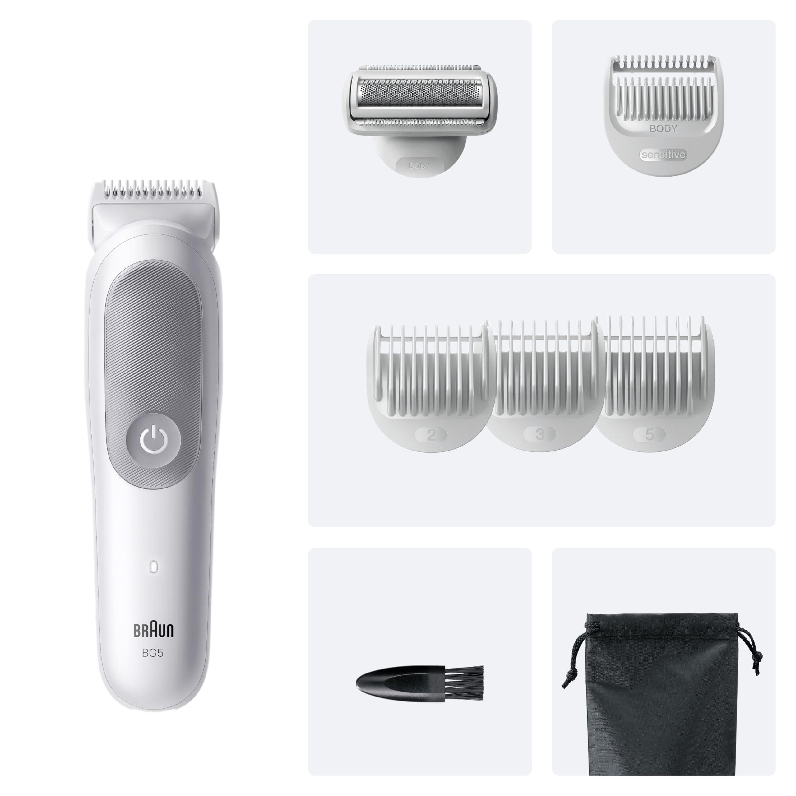 Braun Tondeuse Electrique Homme, pour le Corps, Series 5, BG5555, Grise | Etanche, Batterie Rechargeable, Lame SkinGuard, sans Fil, Coffret avec +7 Outils de Rasage, Emballage en Carton