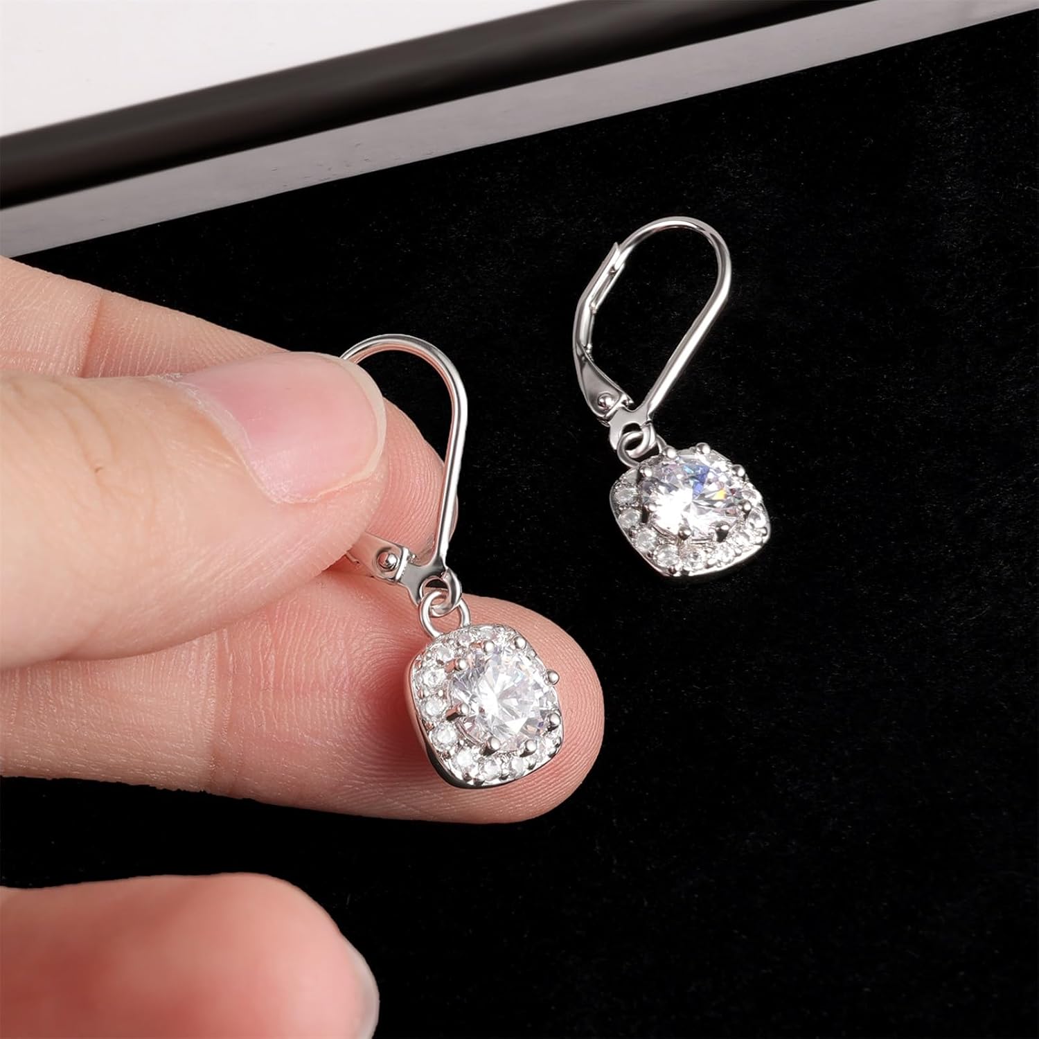 ALEXCRAFT Sterling Silver Leverback Dangle Drop Earrings for Women, Cubic Zirconia Small Round Square Halo Drop Earring Hypoallergenic Jewelry for Wedding Bridal - Image 5