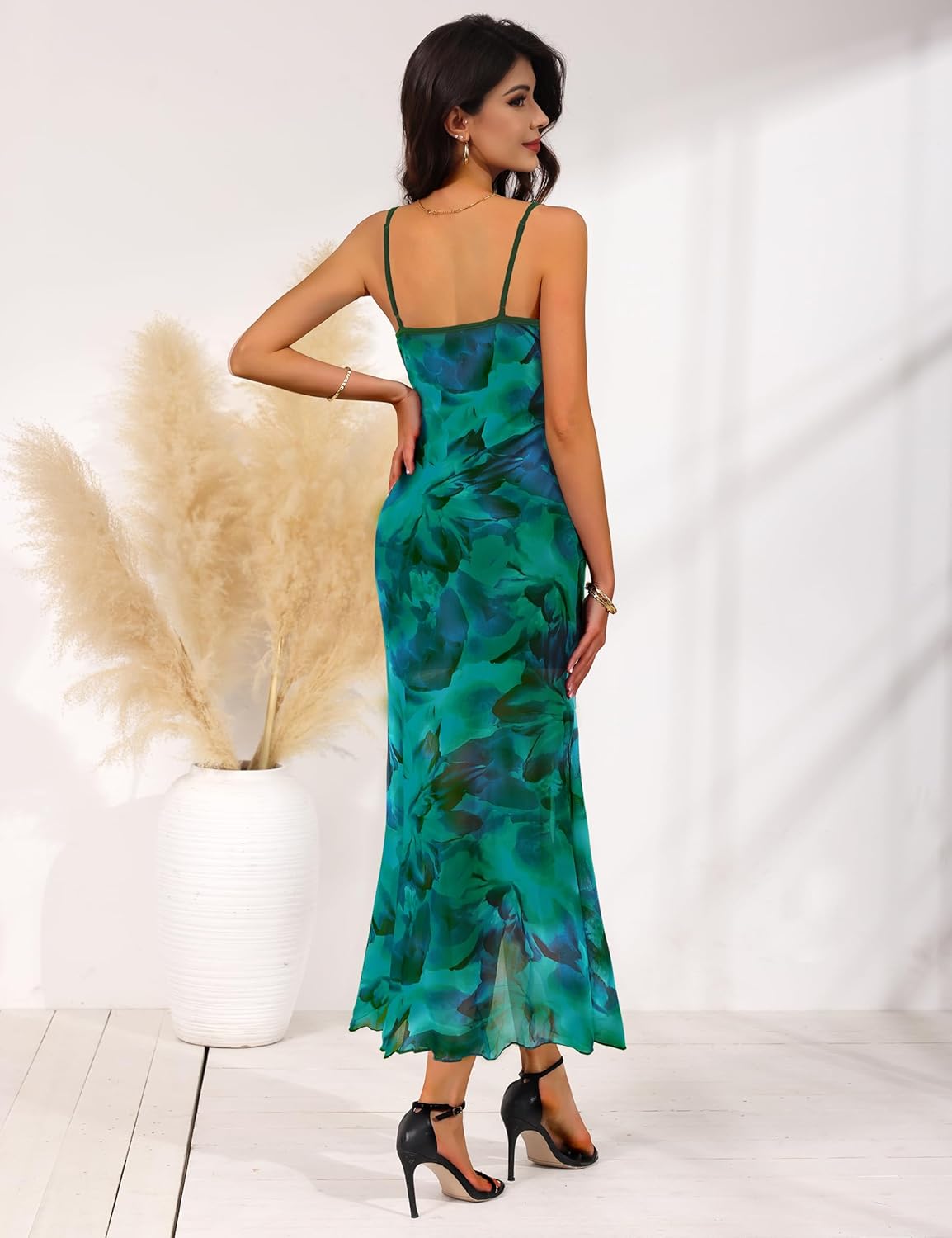 Lingswallow Women's Floral Dress Spaghetti Strap Long Bodycon Dresses Stretch Sexy Backless Cami Maxi Mesh Dress 2025 Summer - Image 2