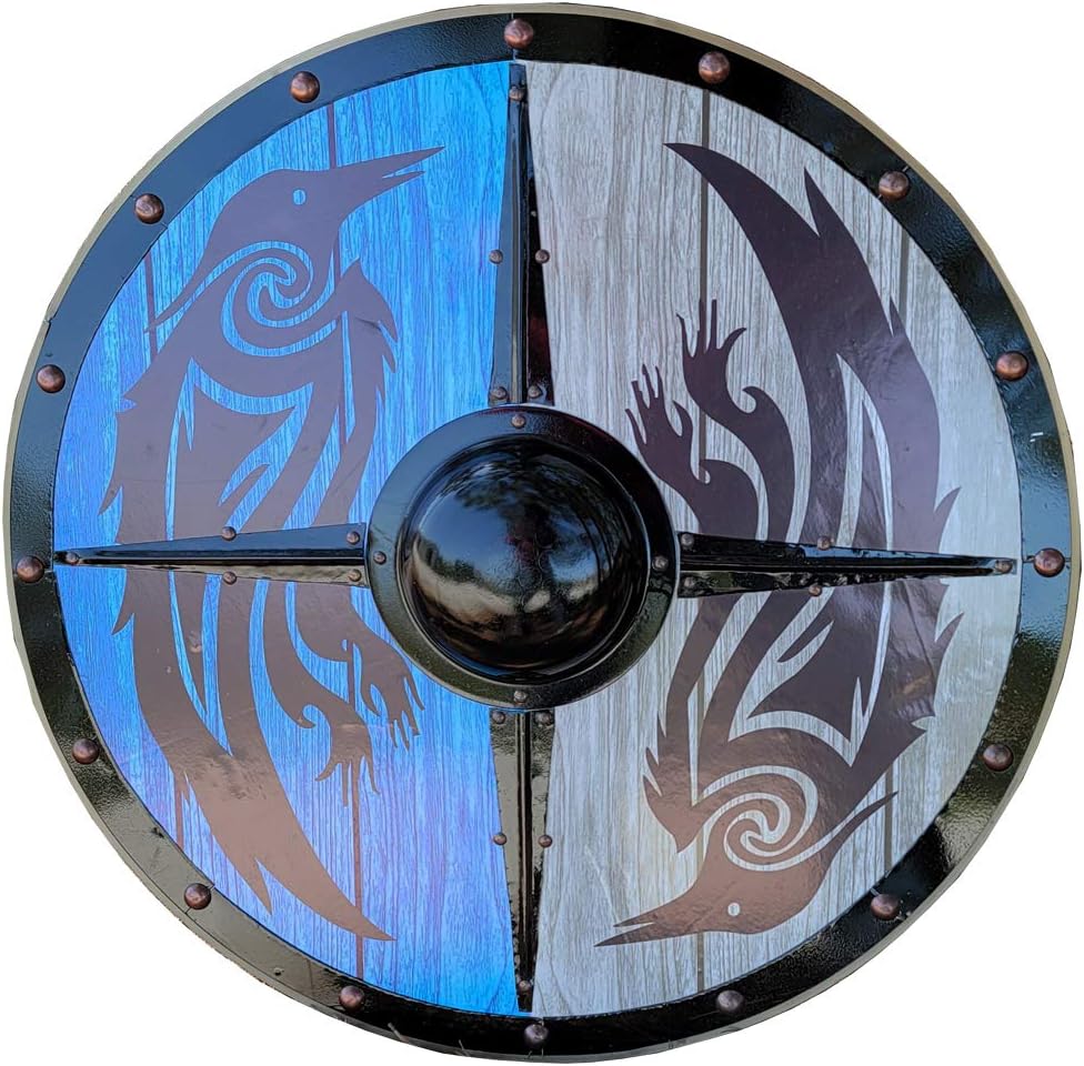 Norse Viking Assassin Raider Medieval Eivor Valhalla Raven Battle Worn Viking Wooden Shield Odin Twin Raven 24"