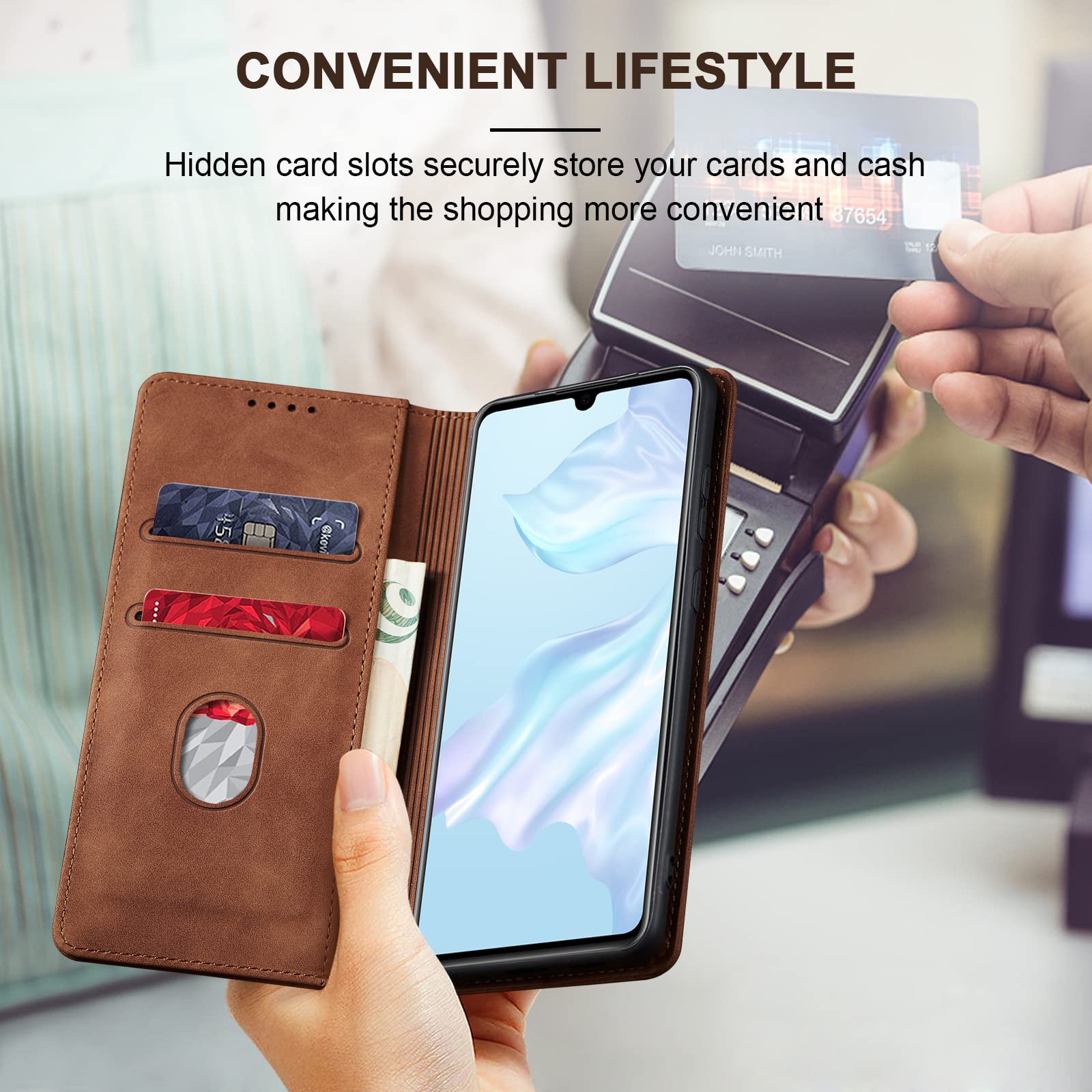 Jasonyu Cover per Huawei P30 Flip Custodia in Pelle PU, Cover a Libro Portafoglio, Funzione Supporto, Magnetica, Slot Schede, TPU Bumper Caso Custodia per Huawei P30 (Marrone