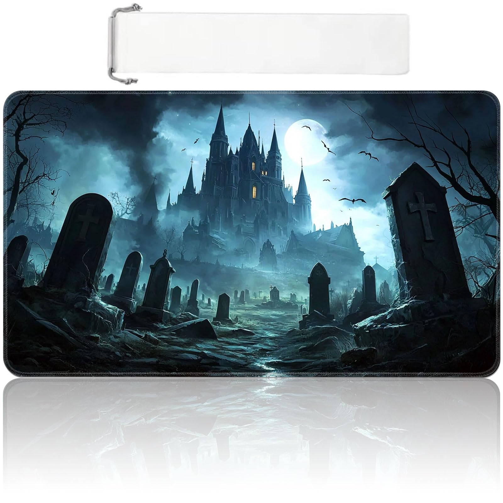 MTG Playmat 24x14 inch with Free Storage Bag, Non-Slip Rubber Base TCG Play Mat for Magic The Gathering, Card Playmat for YGO, Durable Portable Game Matt, Haunted Castle