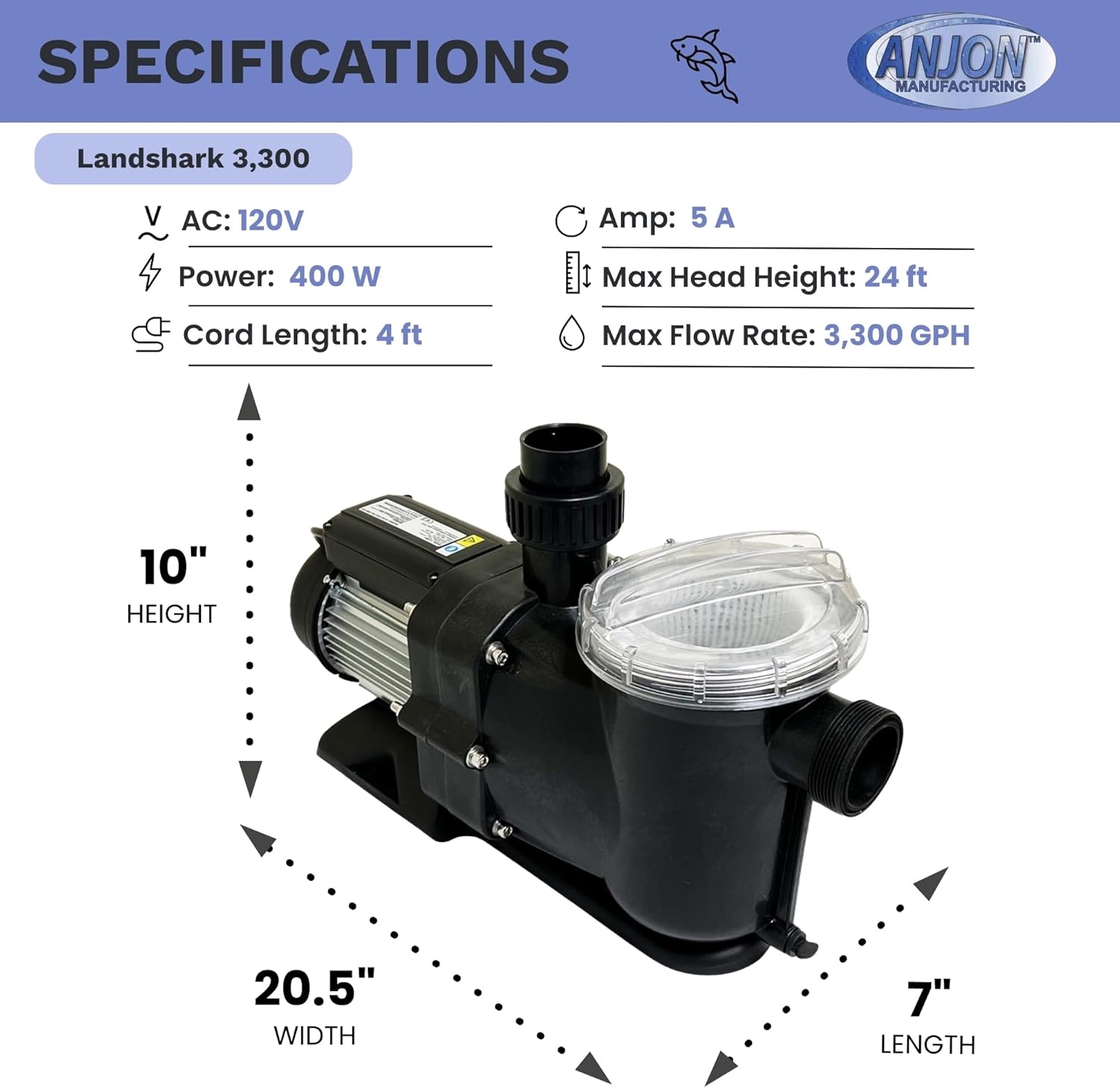 ANJON LandShark External 3,300 GPH Pump (LS3300)
