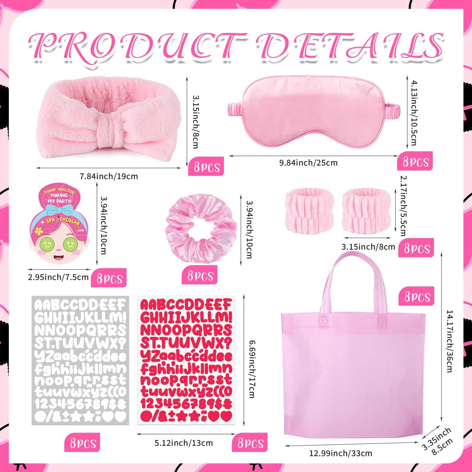 EYNDYN 72 Pcs Spa Sleepover Party Supplies for Girls With DIY Stickers And Greeting Card Pink Headband Wristbands Eye Mask Hair Scrunchie Tote Bag Sleeping Slumber Party Favors
