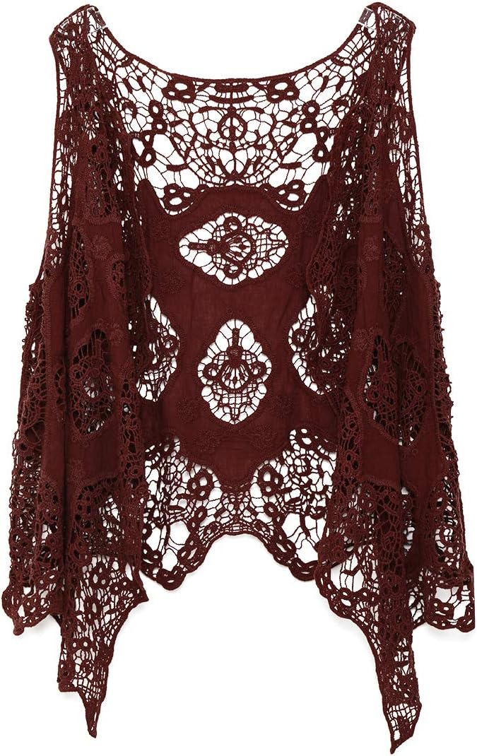 JASTIEWomen Open Stitch Cardigan Boho Sleeveless Hippie Summer Hollow Out Solid Crochet Vest