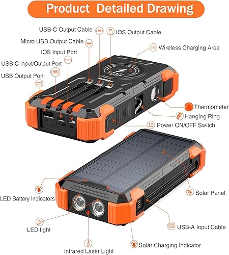 Miniatura 7 de Cargador solar, cargador portátil inalámbrico de 42800 mAh con entrada USB-C, carga rápida QC3.0 de 15 W, 4 puertos para exteriores, linterna LED