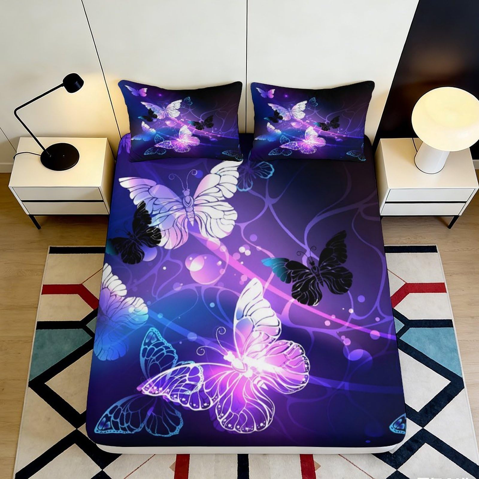 3D Printed Dreamy Butterfly Fitted Sheet Microfiber Deep Pocket Bedroom Bedding Non-Slip Butterfly Mattress Fitted Cover Washable 90x200x25cm