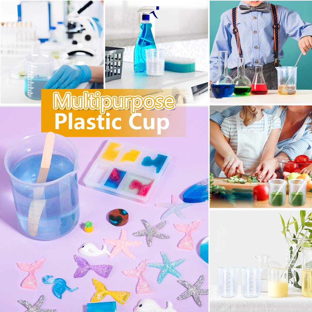 8 tazas de mezcla de resina, vasos medidores de plástico de 10.08 onzas líquidas para resina, tazas de mezcla de pintura, vasos de plástico, vasos medidores de líquidos, con 50 varillas de 6