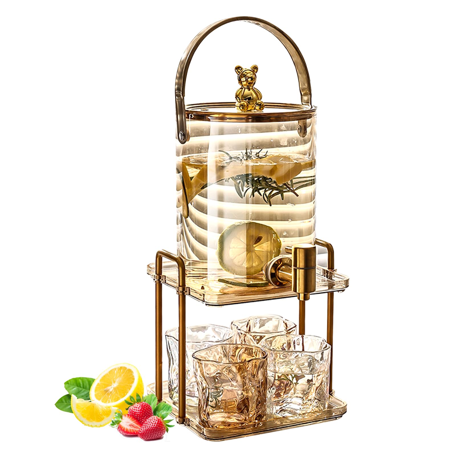 Getränkespender aus Glas,CEIEVER Eisgetränkeglas mit Zapfhahn aus Edelstahl und Ständer Wasserspender Glasbehälter für kalte Getränke mit 4 Gläsern Limonaden-Getränkespender für Partys (3000ML)
