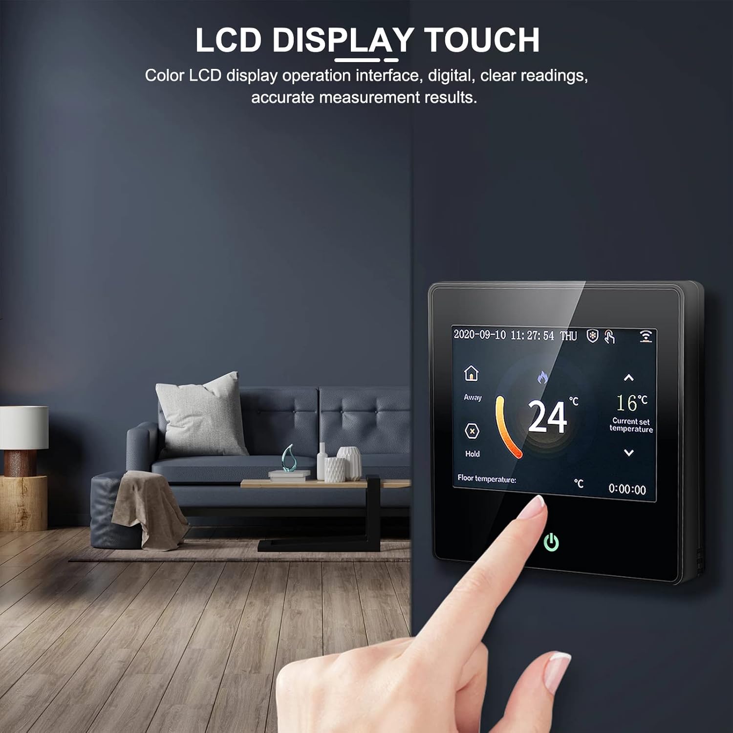 Close-up of the EVTSCAN ME102H thermostat's color LCD touch screen interface.
