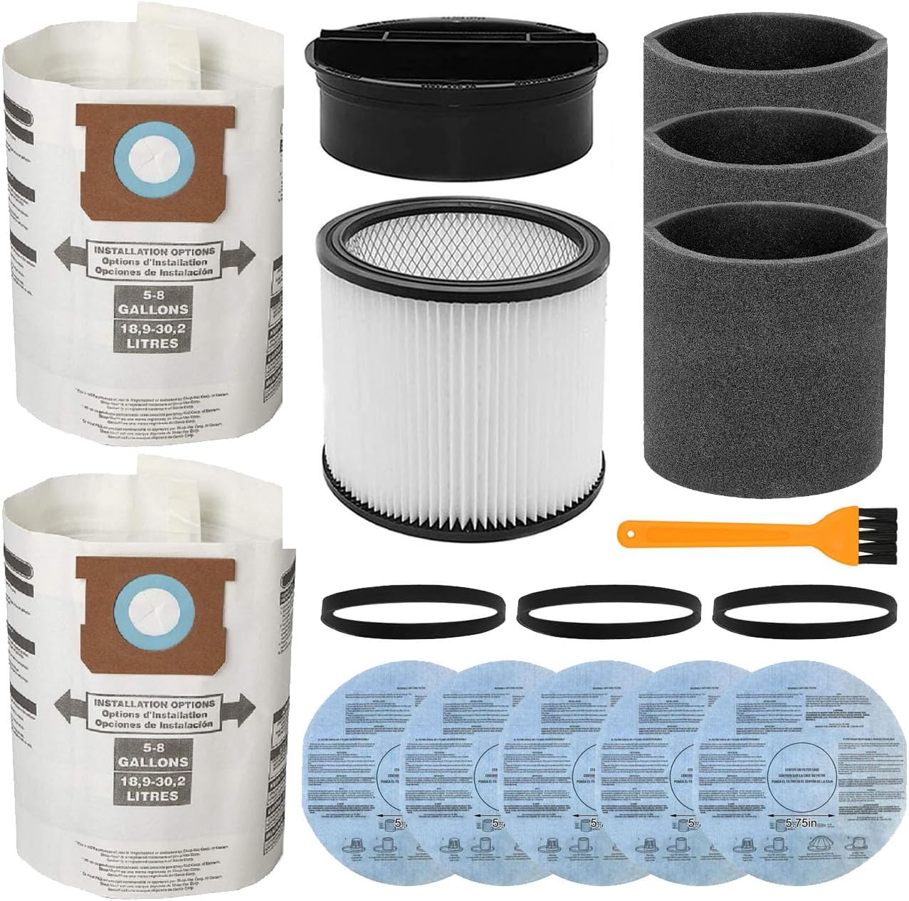 Alrens 90304 Replacement Filter for Shop Vac Filters 90304 90350 90333 90107 90585, Fits Most 5 Gallon Up Wet/Dry Vacuum Cleaners, Replacement Vacuum Bag for Shop Vac Bags 5-8 Gallon