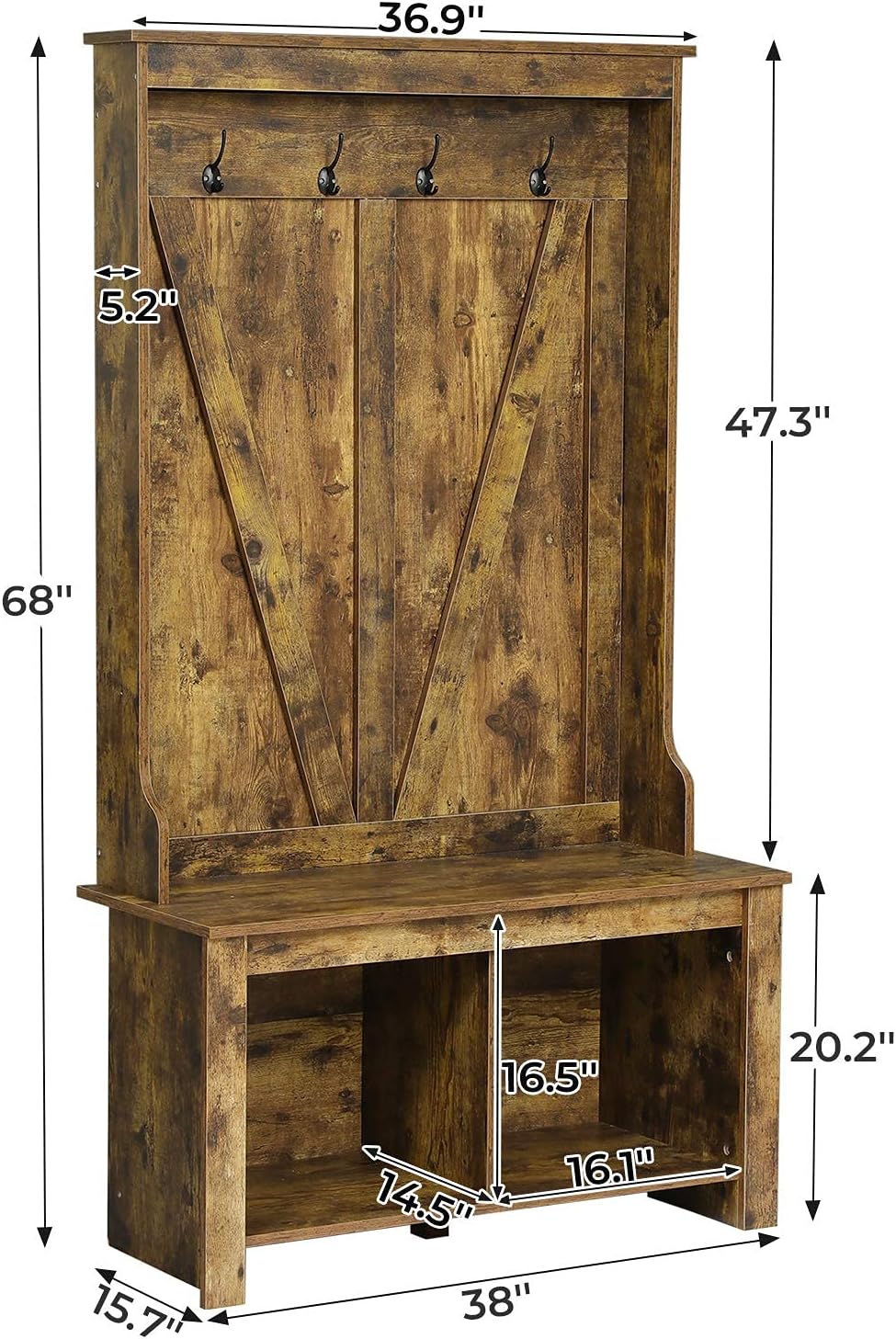 Itaar Hall Tree, Entryway Hall Tree with Storage Bench (38", Rustic Brown)