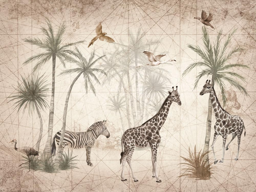 Grandeco Beige Animal Jungle Giraffe Zebra Palm Trees 7 Lane Wallpaper Mural 2.8 X 3.71M Ml1501