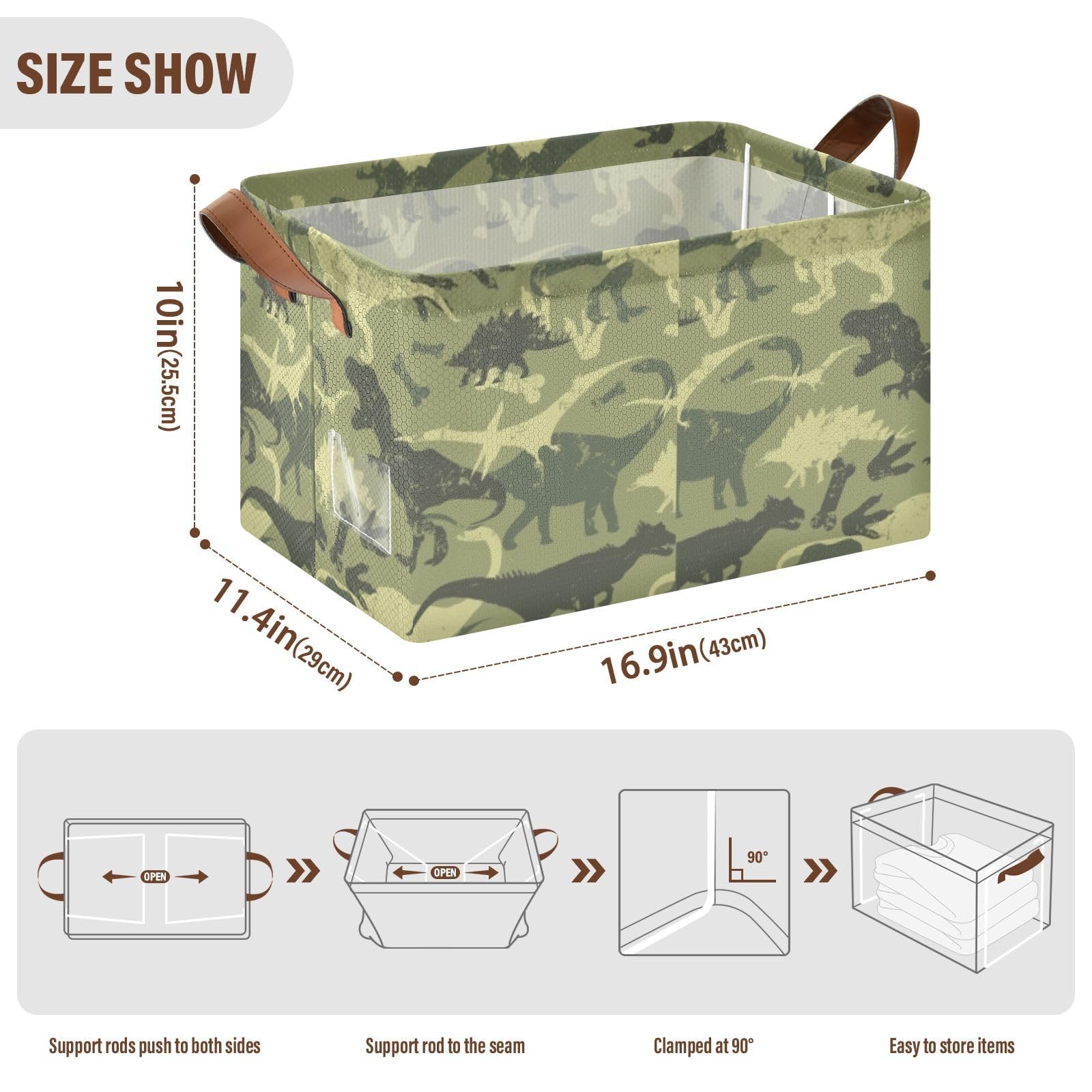 Seamless Vintage Camouflage Dinosaurs in Retro Green Style 1PC Rectangle Foldable Frame Basket Leather Handles Storage Bin for Laundry Bathroom Organizer M 16.9 x 11.4 x 10 inch