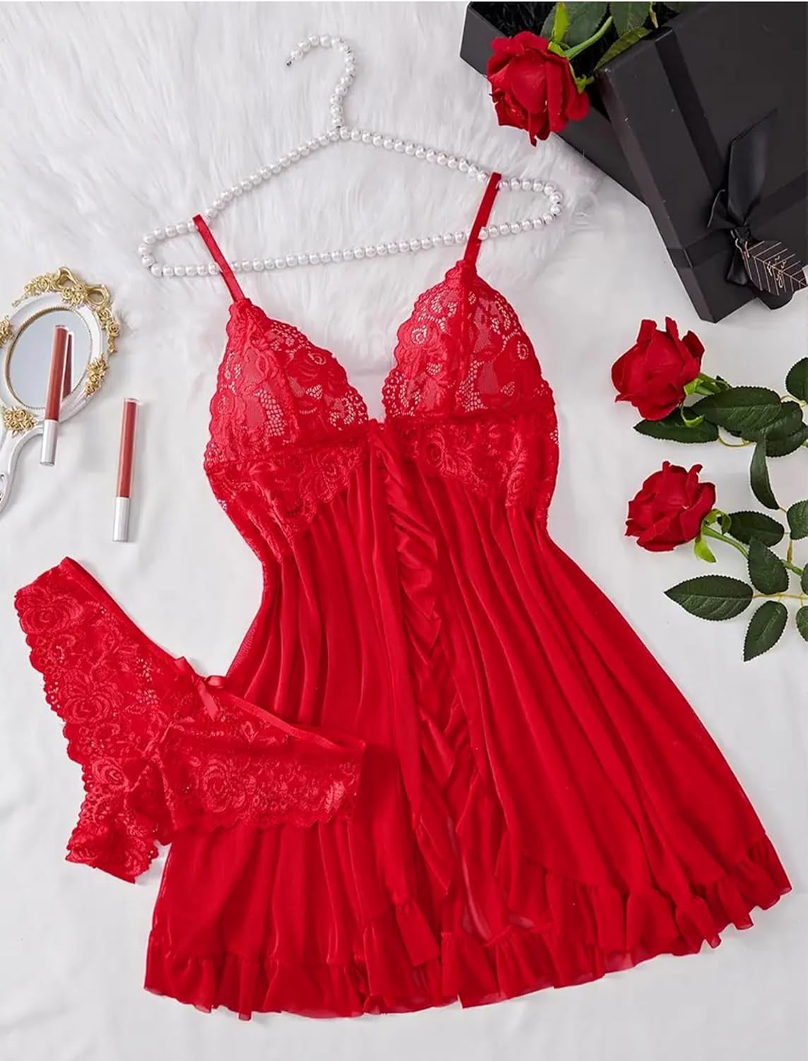 Avidlove Sexy Lingerie for Women Lace Babydoll Lingerie Dress Boudoir Lingerie V-Neck Front Open Ruffle Chemise - Image 6