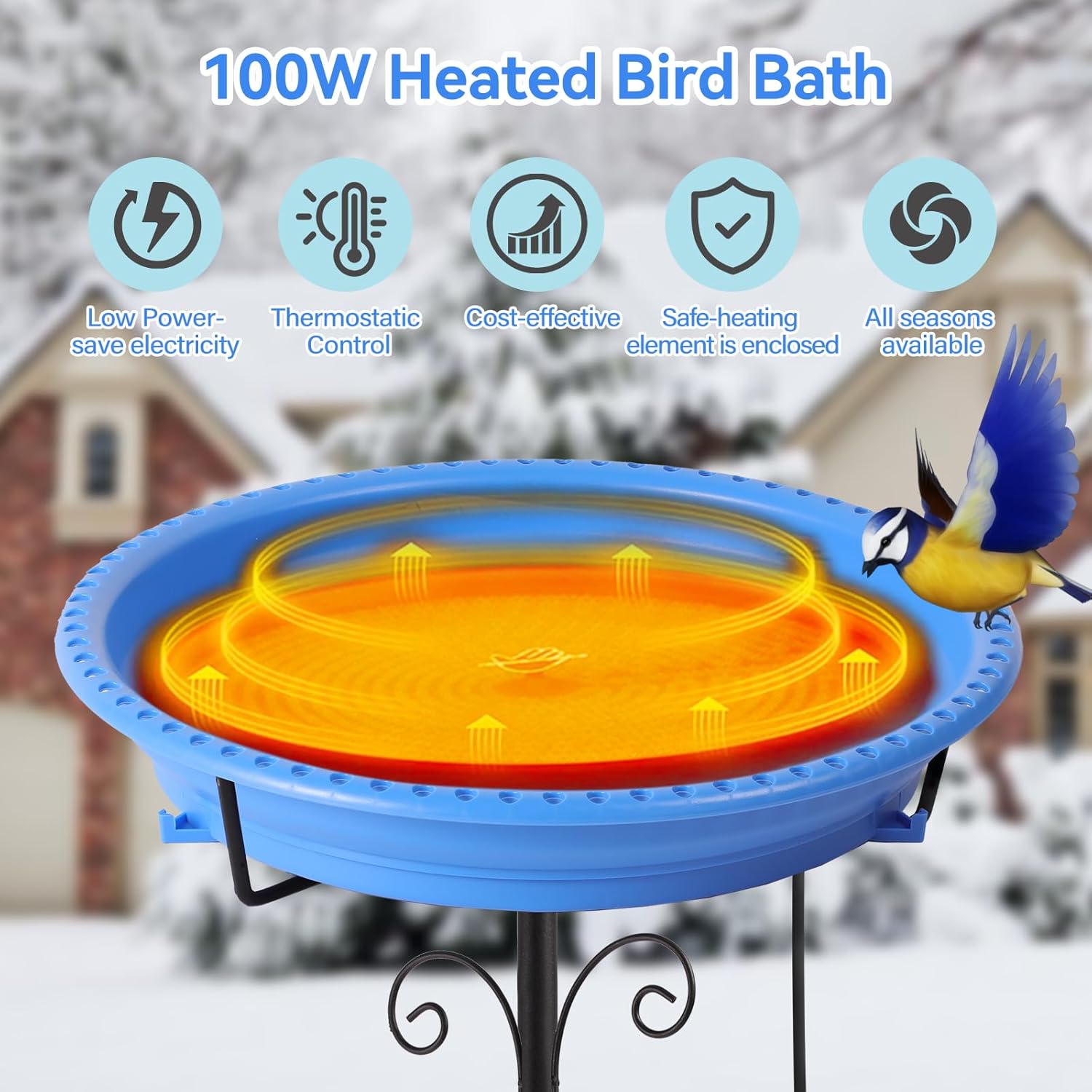Heated Bird Baths for Outdoors,100W Bird Bath Water Heater Bird Bath Deicer,Heated Bird Bath Thermostat Control Weather Resistance Available with Stable Metal Pole for All Seasons-Blue