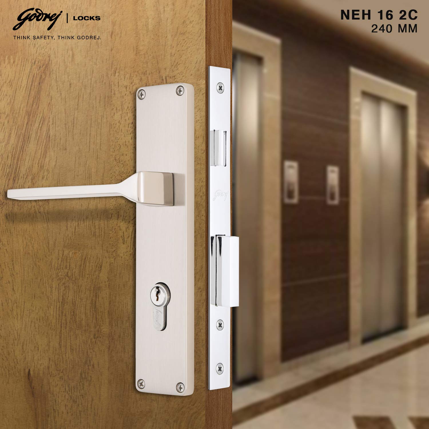 Godrej Locking Solutions and Systems Locks NEH 16-240 mm Door Handle with Lock Set 2C Satin Steel 1