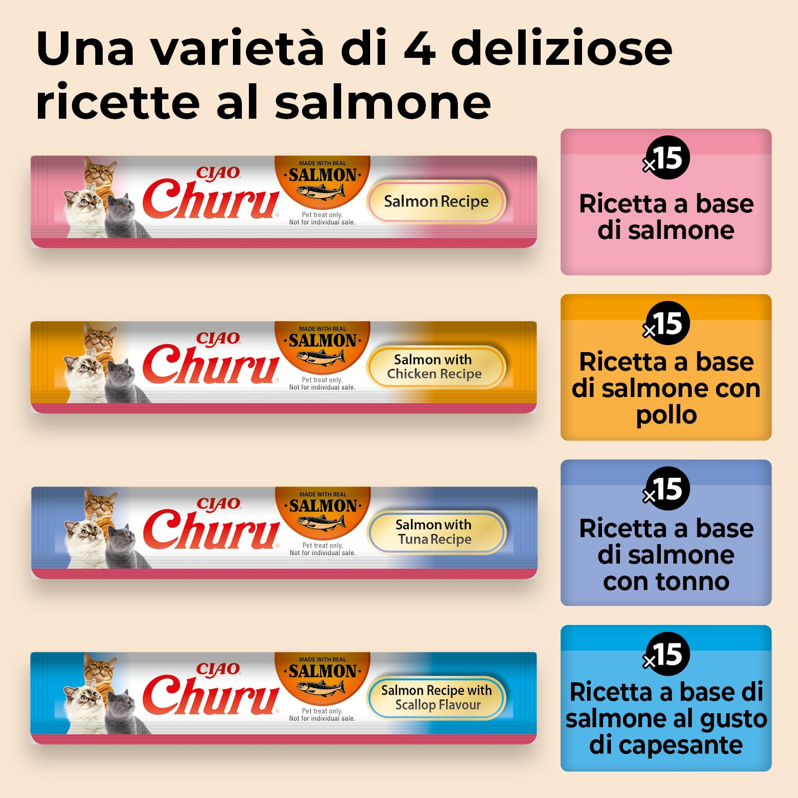 INABA Churu Salmon Variety Pack, Snack Cremosi per Gatti in Morbido Purè da Dare a Mano, Ricette con Salmone, Tonno, Pollo e Capesante, Ingredienti di Alta Qualità, Ricchi di Umidità, 60 stick da 14g