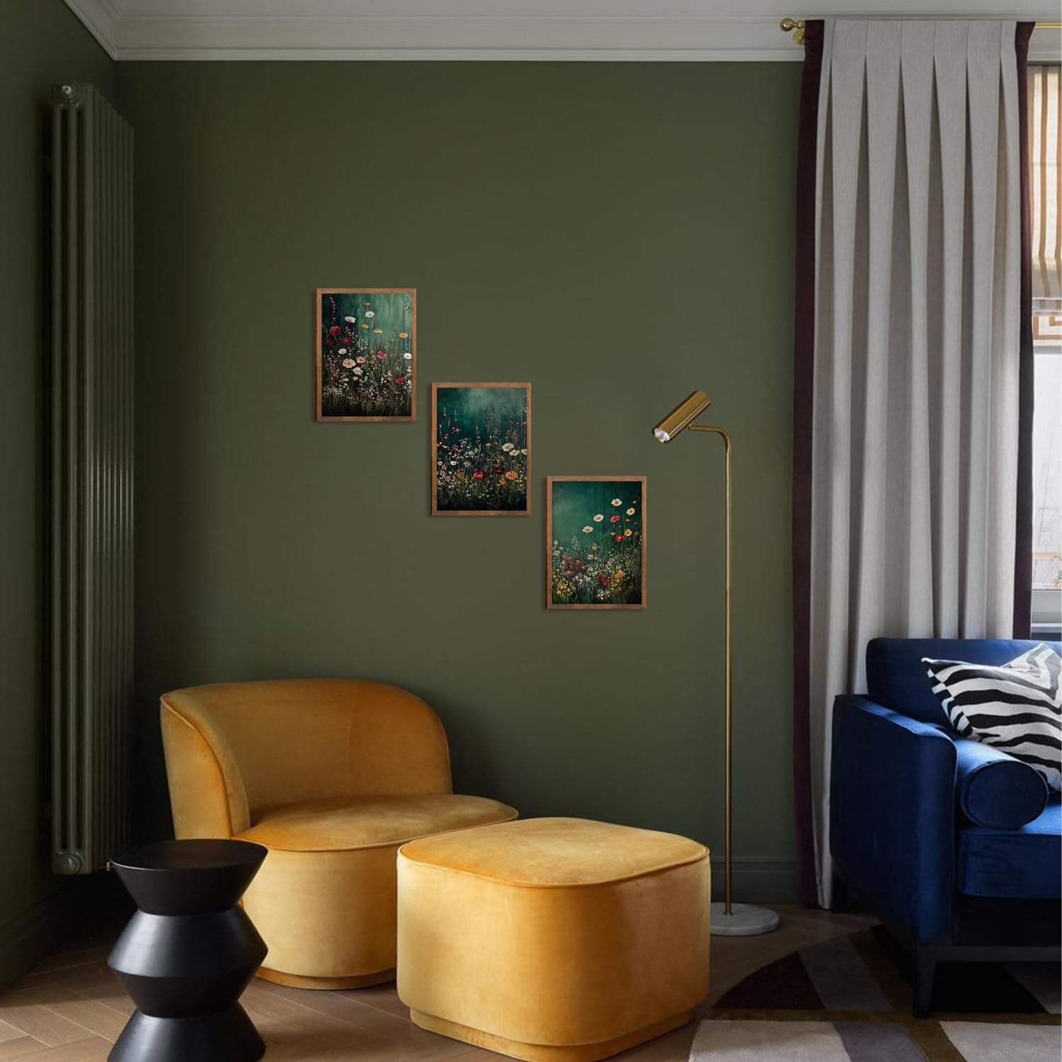 Vintage Wildflower Wall Art Set of 3, Dark Green Flower plant Canvas Prints Wall Decor, Gothic dark style pastoral landscape painting for Living Room Bedroom Farmhouse Home Decor 16x24in Wood Framed