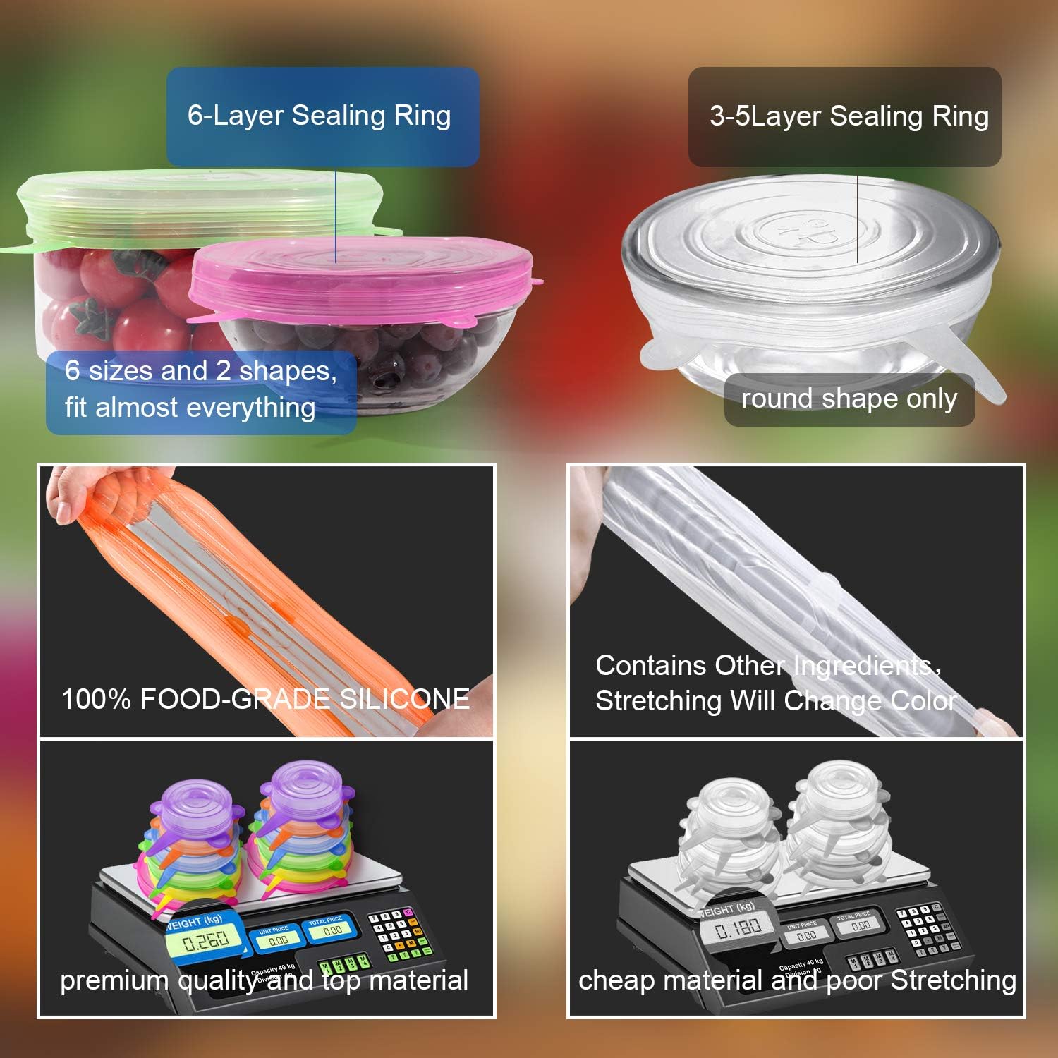 Mega-Loopolis Silicone Stretch Lids 12 Pack Food Grade Reusable Flexible Design For Various Size Containers,BPA Free,Eco-Friendly,Dishwasher Safe,for Cans, Pots,Dishes,Bowls
