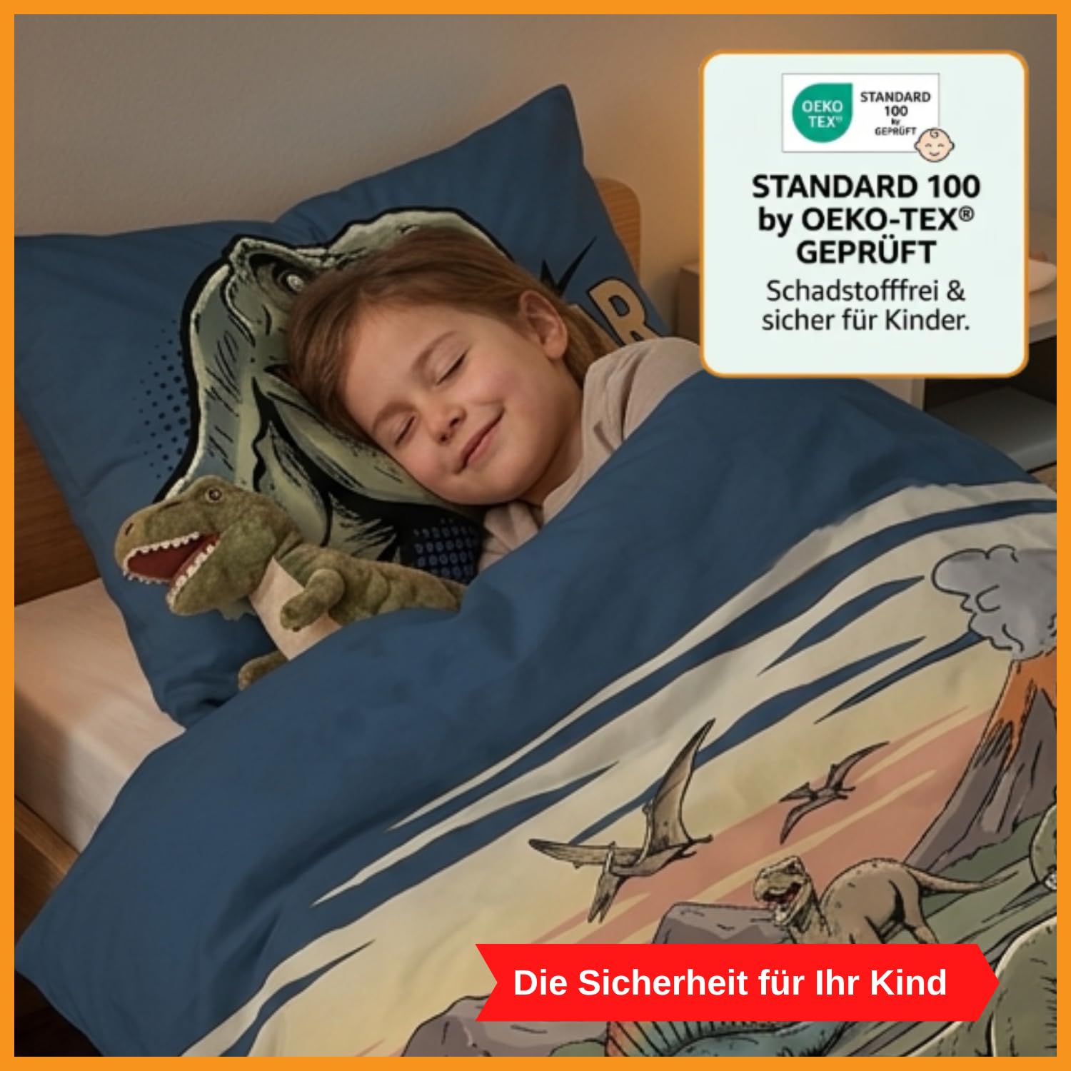 Aminata kids Bettwäsche 135x200 Dinosaurier-Motiv Jungen 100% Baumwolle