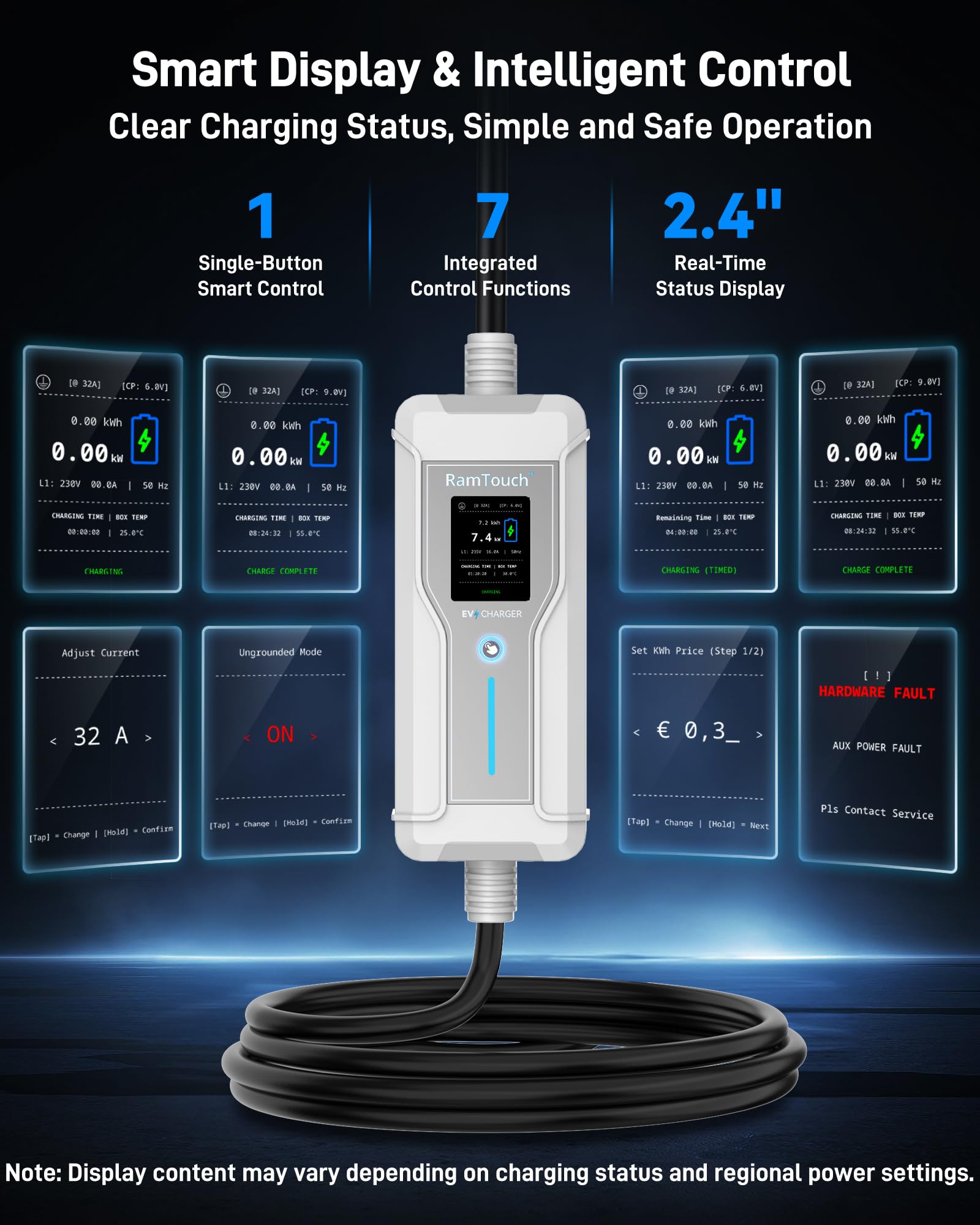 Caricatore Auto Elettrica (7,4 kW, 6 A - 32 A, 5 m, IP67) | CEE 32A a Tipo 2 | Cavo Ricarica Modo 2 con Display, Avvio Ritardato, Timer, RCD CA/CC, Wallbox Portatile per Veicoli EV e PHEV