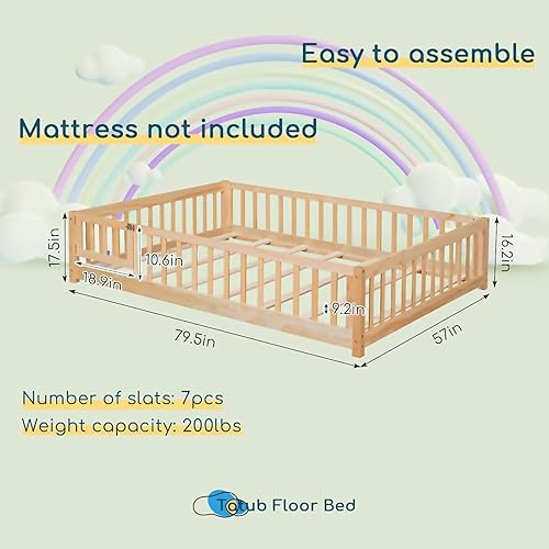 Miniatura 2 de Tatub Cama de suelo completo con barandillas de seguridad y tablillas, marco de cama de piso para niños pequeños, tamaño matrimonial para niñas y